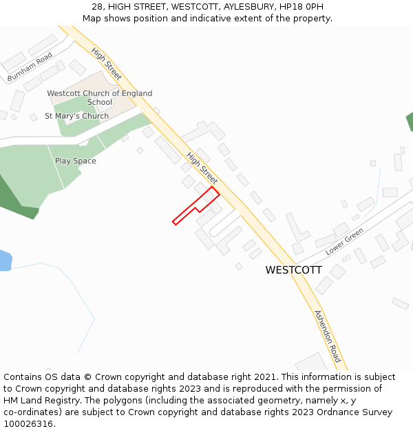 28, HIGH STREET, WESTCOTT, AYLESBURY, HP18 0PH: Location map and indicative extent of plot