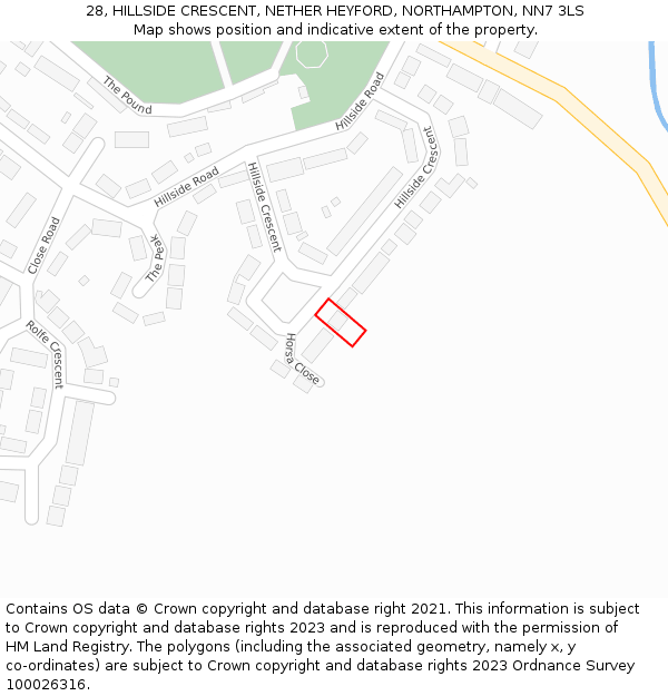 28, HILLSIDE CRESCENT, NETHER HEYFORD, NORTHAMPTON, NN7 3LS: Location map and indicative extent of plot