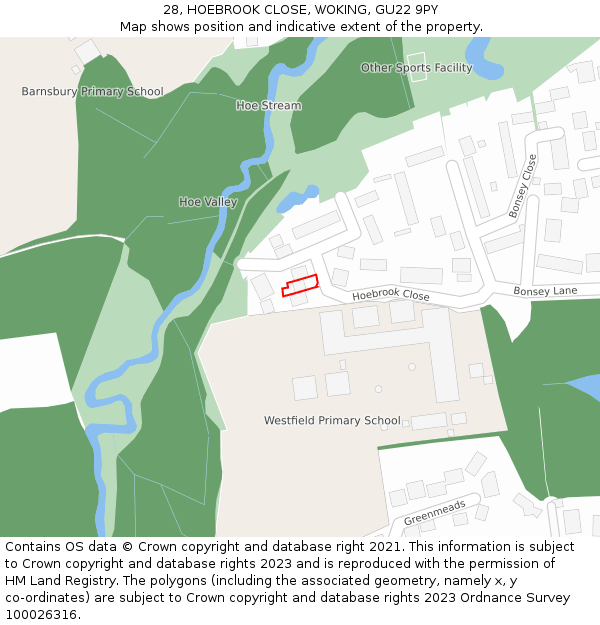 28, HOEBROOK CLOSE, WOKING, GU22 9PY: Location map and indicative extent of plot