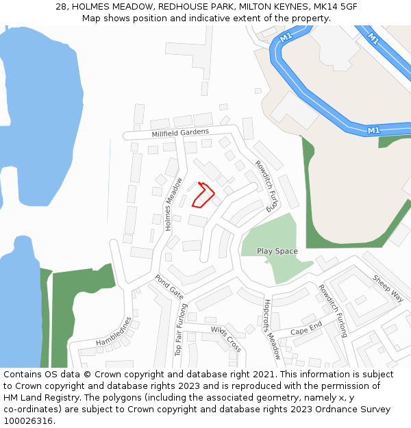 28, HOLMES MEADOW, REDHOUSE PARK, MILTON KEYNES, MK14 5GF: Location map and indicative extent of plot