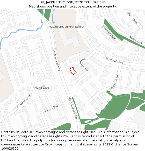 28, JACKFIELD CLOSE, REDDITCH, B98 0BF: Location map and indicative extent of plot