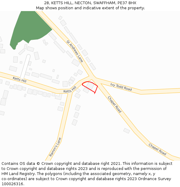 28, KETTS HILL, NECTON, SWAFFHAM, PE37 8HX: Location map and indicative extent of plot