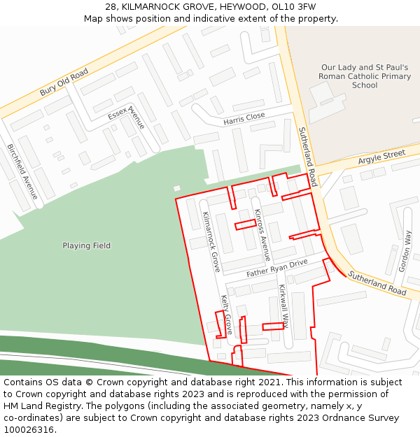 28, KILMARNOCK GROVE, HEYWOOD, OL10 3FW: Location map and indicative extent of plot