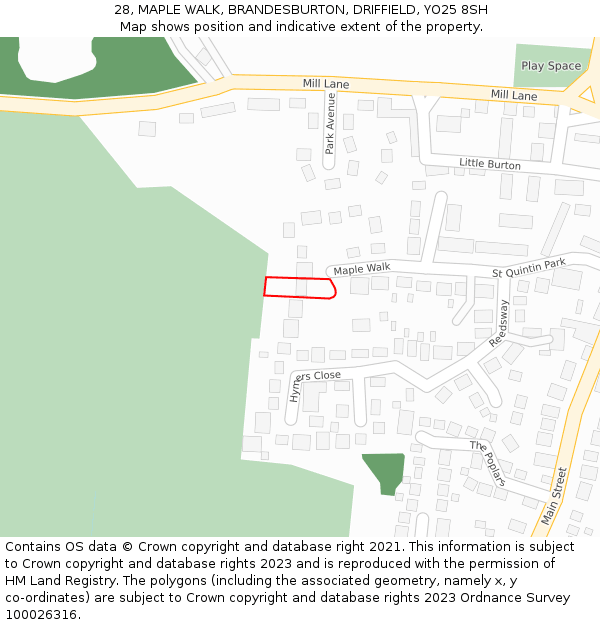 28, MAPLE WALK, BRANDESBURTON, DRIFFIELD, YO25 8SH: Location map and indicative extent of plot