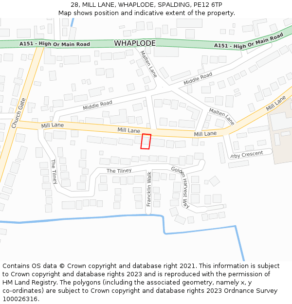 28, MILL LANE, WHAPLODE, SPALDING, PE12 6TP: Location map and indicative extent of plot