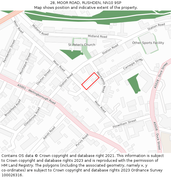 28, MOOR ROAD, RUSHDEN, NN10 9SP: Location map and indicative extent of plot