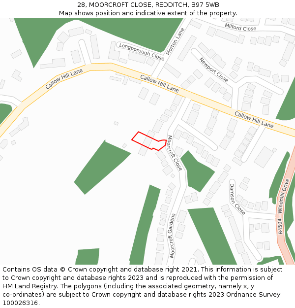 28, MOORCROFT CLOSE, REDDITCH, B97 5WB: Location map and indicative extent of plot