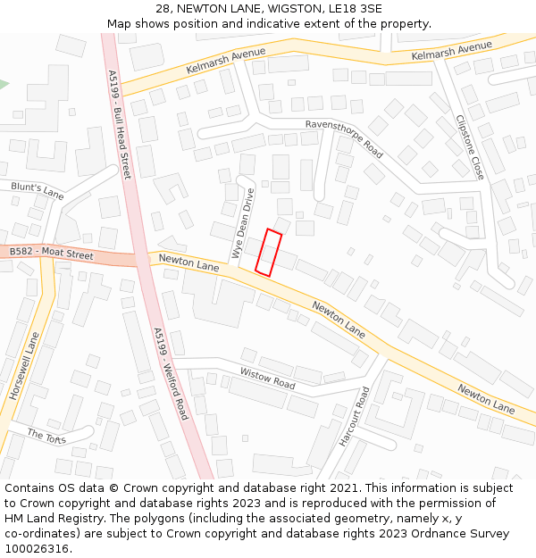 28, NEWTON LANE, WIGSTON, LE18 3SE: Location map and indicative extent of plot