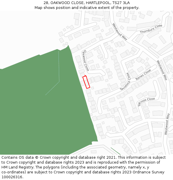 28, OAKWOOD CLOSE, HARTLEPOOL, TS27 3LA: Location map and indicative extent of plot