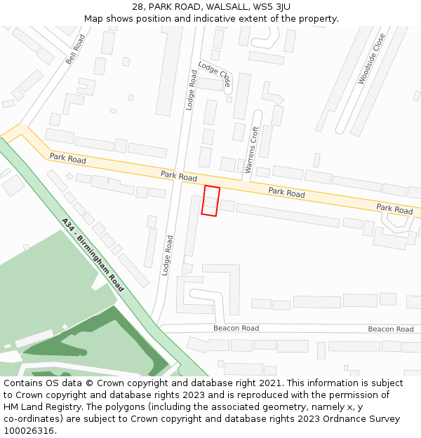 28, PARK ROAD, WALSALL, WS5 3JU: Location map and indicative extent of plot