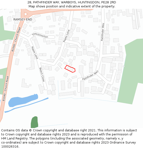 28, PATHFINDER WAY, WARBOYS, HUNTINGDON, PE28 2RD: Location map and indicative extent of plot