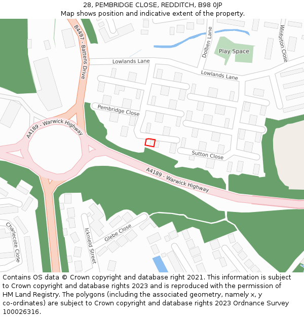 28, PEMBRIDGE CLOSE, REDDITCH, B98 0JP: Location map and indicative extent of plot