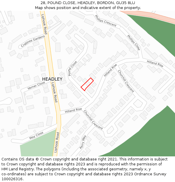 28, POUND CLOSE, HEADLEY, BORDON, GU35 8LU: Location map and indicative extent of plot