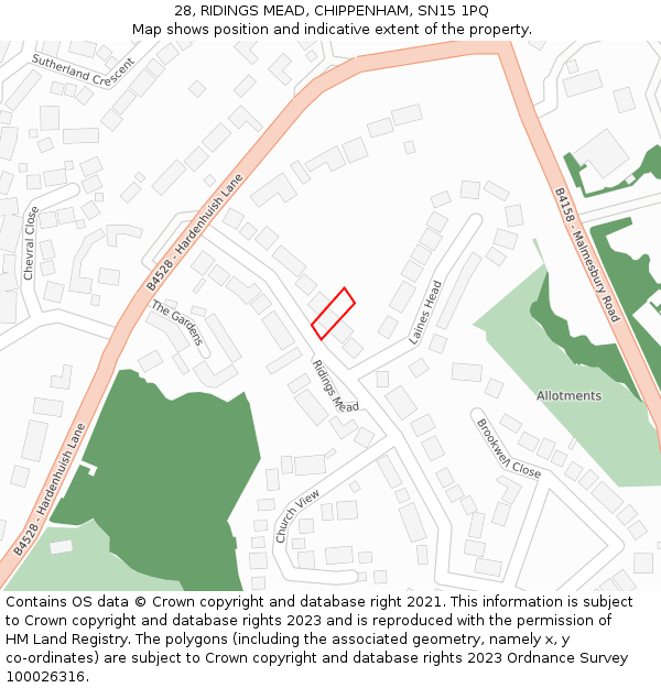 28, RIDINGS MEAD, CHIPPENHAM, SN15 1PQ: Location map and indicative extent of plot