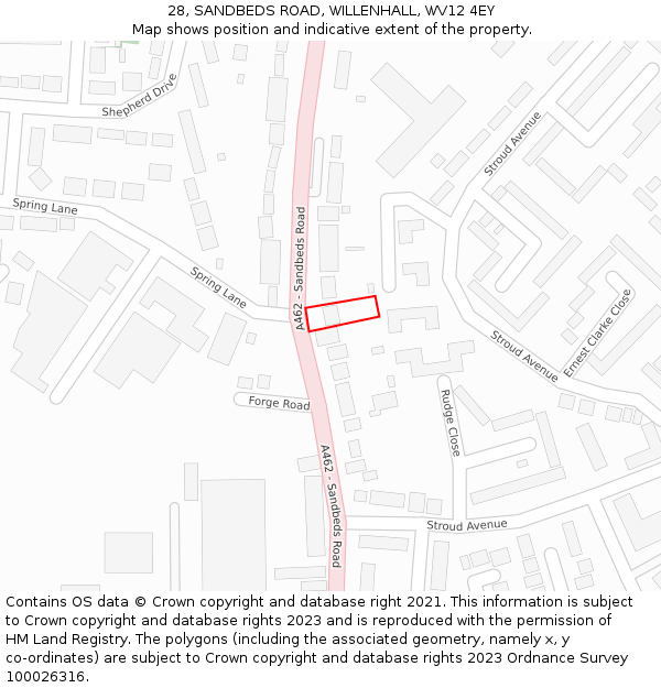 28, SANDBEDS ROAD, WILLENHALL, WV12 4EY: Location map and indicative extent of plot