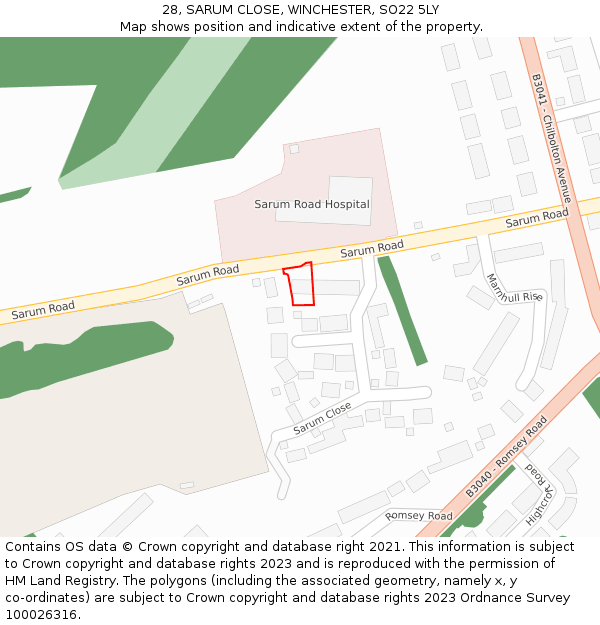 28, SARUM CLOSE, WINCHESTER, SO22 5LY: Location map and indicative extent of plot