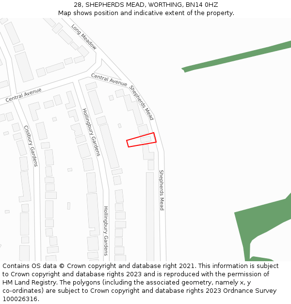 28, SHEPHERDS MEAD, WORTHING, BN14 0HZ: Location map and indicative extent of plot