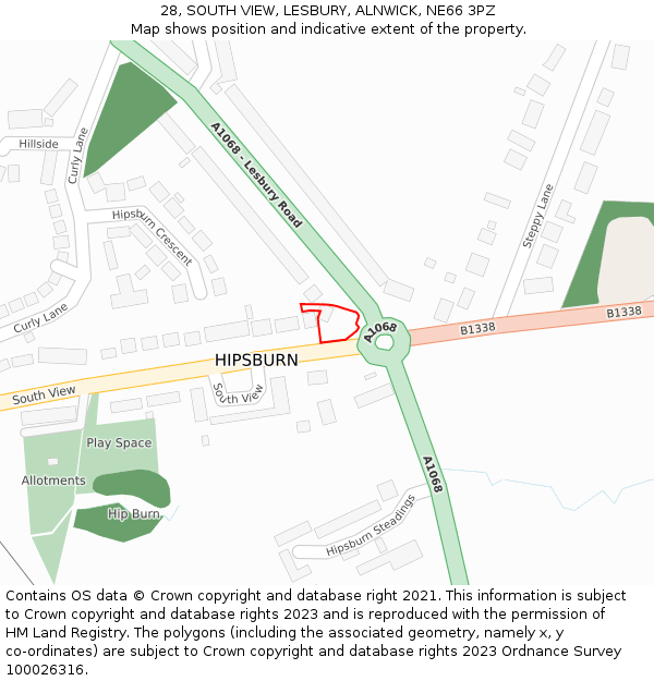 28, SOUTH VIEW, LESBURY, ALNWICK, NE66 3PZ: Location map and indicative extent of plot