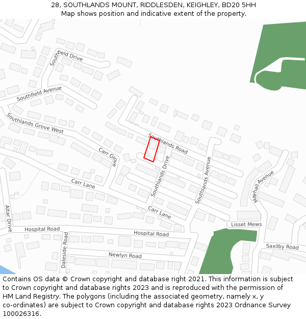 28, SOUTHLANDS MOUNT, RIDDLESDEN, KEIGHLEY, BD20 5HH: Location map and indicative extent of plot