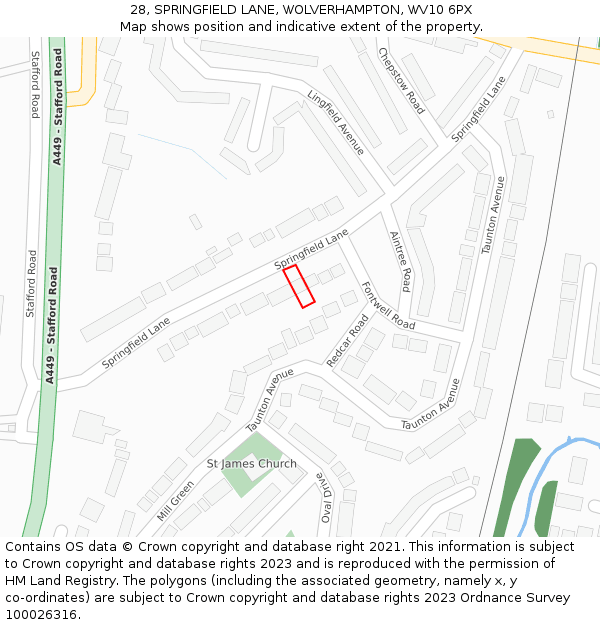 28, SPRINGFIELD LANE, WOLVERHAMPTON, WV10 6PX: Location map and indicative extent of plot