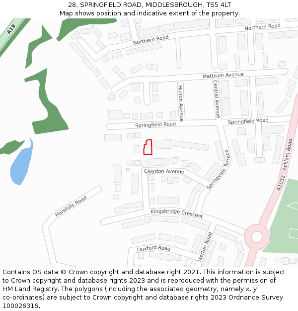 28, SPRINGFIELD ROAD, MIDDLESBROUGH, TS5 4LT: Location map and indicative extent of plot