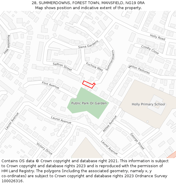 28, SUMMERDOWNS, FOREST TOWN, MANSFIELD, NG19 0RA: Location map and indicative extent of plot