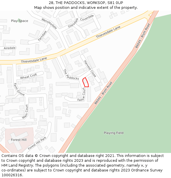 28, THE PADDOCKS, WORKSOP, S81 0UP: Location map and indicative extent of plot