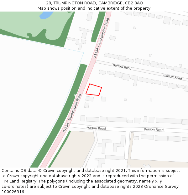 28, TRUMPINGTON ROAD, CAMBRIDGE, CB2 8AQ: Location map and indicative extent of plot