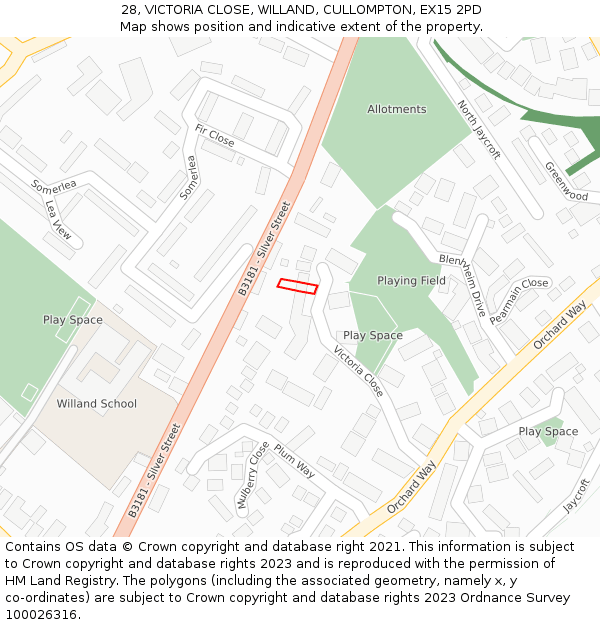 28, VICTORIA CLOSE, WILLAND, CULLOMPTON, EX15 2PD: Location map and indicative extent of plot