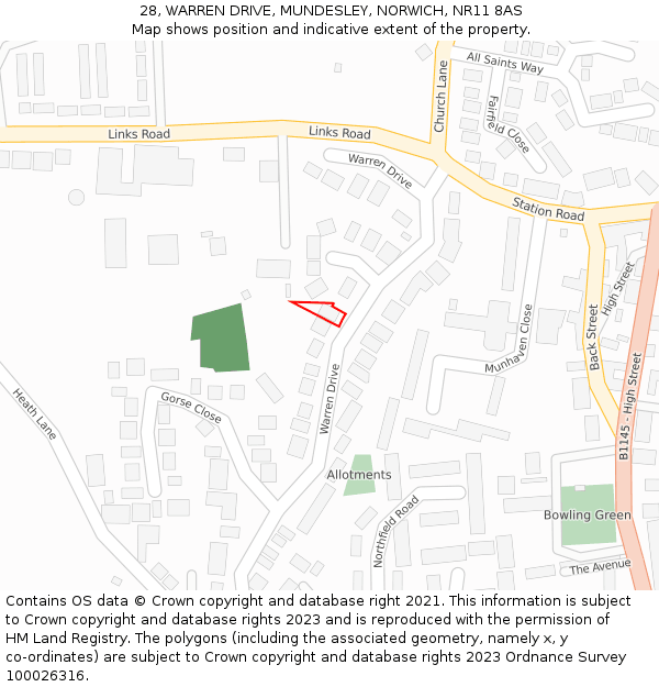 28, WARREN DRIVE, MUNDESLEY, NORWICH, NR11 8AS: Location map and indicative extent of plot