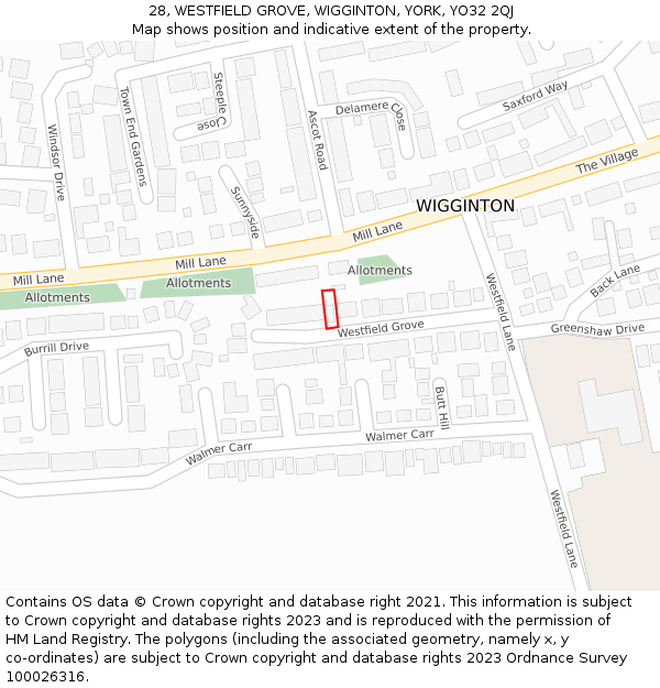 28, WESTFIELD GROVE, WIGGINTON, YORK, YO32 2QJ: Location map and indicative extent of plot