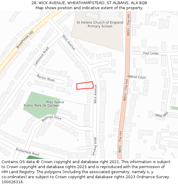 28, WICK AVENUE, WHEATHAMPSTEAD, ST ALBANS, AL4 8QB: Location map and indicative extent of plot
