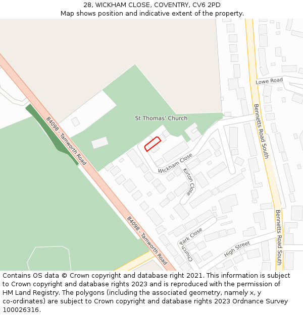 28, WICKHAM CLOSE, COVENTRY, CV6 2PD: Location map and indicative extent of plot