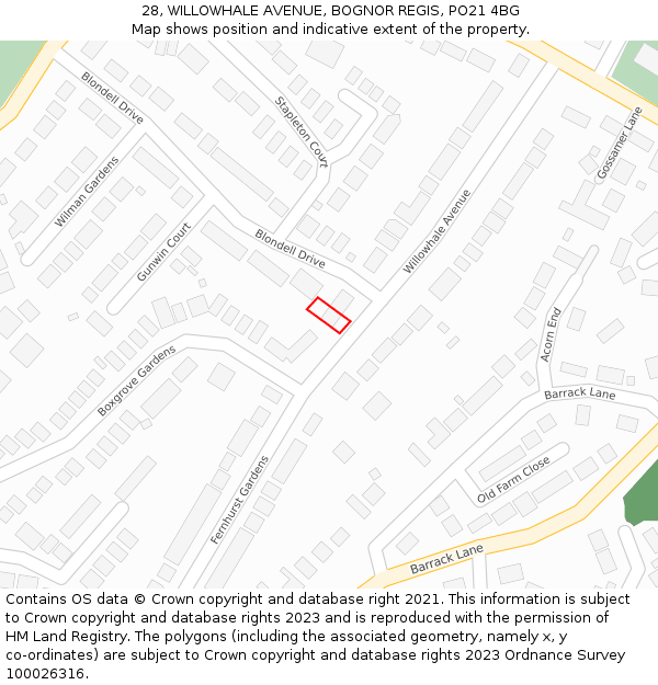 28, WILLOWHALE AVENUE, BOGNOR REGIS, PO21 4BG: Location map and indicative extent of plot