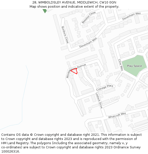 28, WIMBOLDSLEY AVENUE, MIDDLEWICH, CW10 0GN: Location map and indicative extent of plot