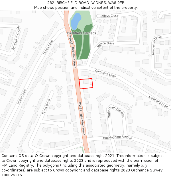 282, BIRCHFIELD ROAD, WIDNES, WA8 9ER: Location map and indicative extent of plot