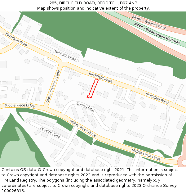 285, BIRCHFIELD ROAD, REDDITCH, B97 4NB: Location map and indicative extent of plot