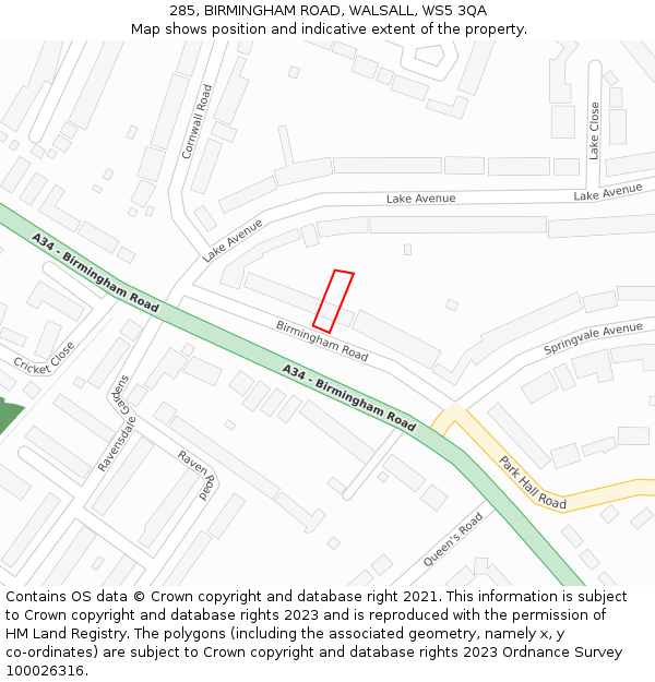 285, BIRMINGHAM ROAD, WALSALL, WS5 3QA: Location map and indicative extent of plot