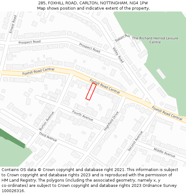 285, FOXHILL ROAD, CARLTON, NOTTINGHAM, NG4 1PW: Location map and indicative extent of plot