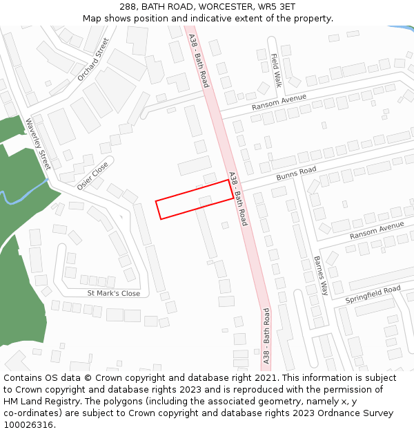 288, BATH ROAD, WORCESTER, WR5 3ET: Location map and indicative extent of plot