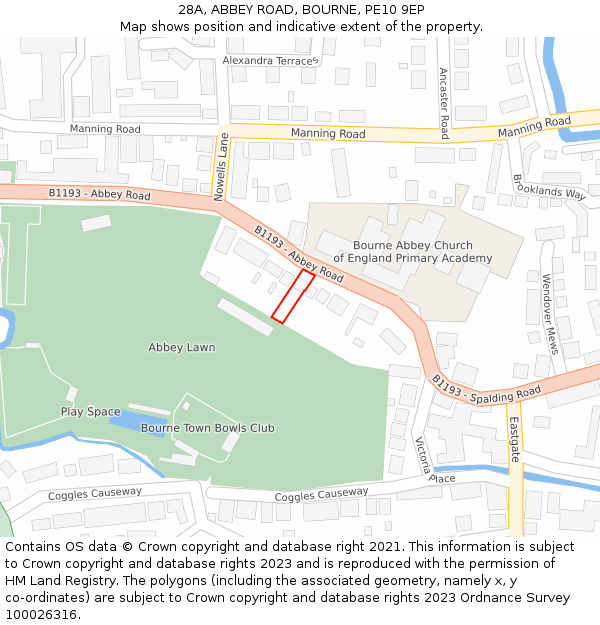 28A, ABBEY ROAD, BOURNE, PE10 9EP: Location map and indicative extent of plot