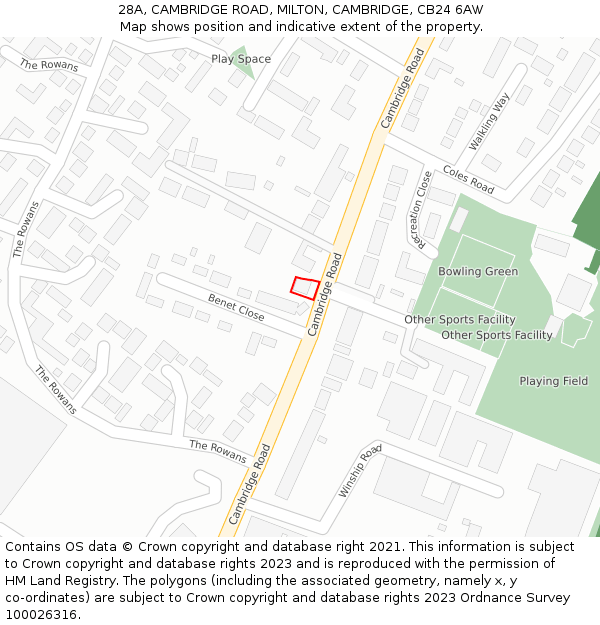 28A, CAMBRIDGE ROAD, MILTON, CAMBRIDGE, CB24 6AW: Location map and indicative extent of plot