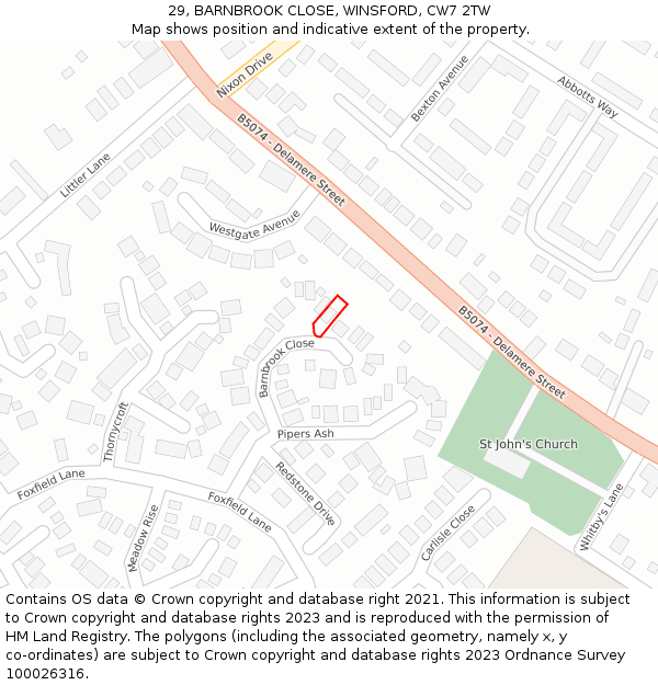 29, BARNBROOK CLOSE, WINSFORD, CW7 2TW: Location map and indicative extent of plot