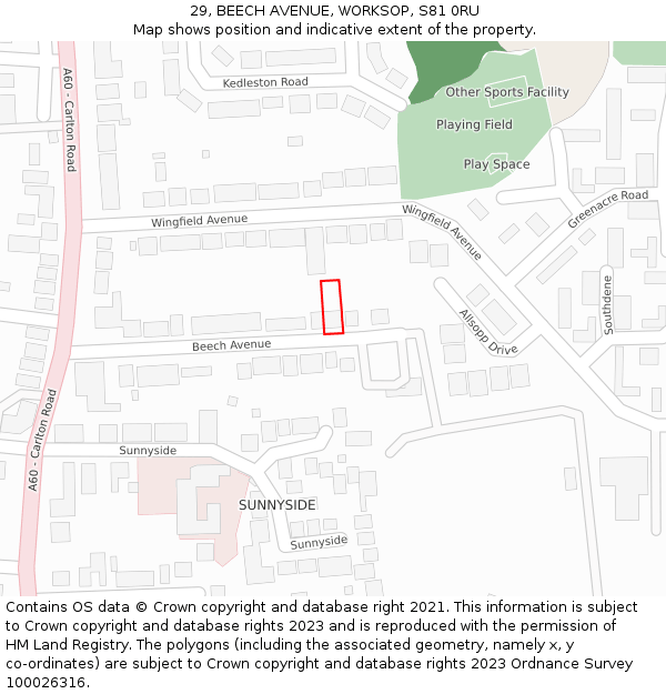 29, BEECH AVENUE, WORKSOP, S81 0RU: Location map and indicative extent of plot