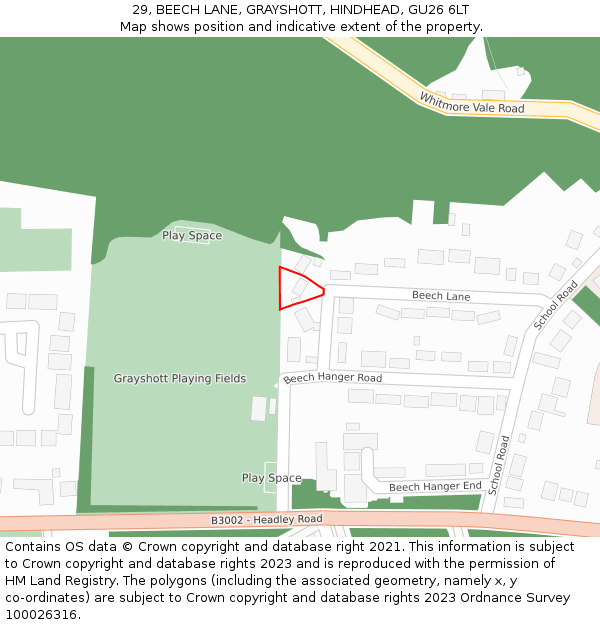 29, BEECH LANE, GRAYSHOTT, HINDHEAD, GU26 6LT: Location map and indicative extent of plot