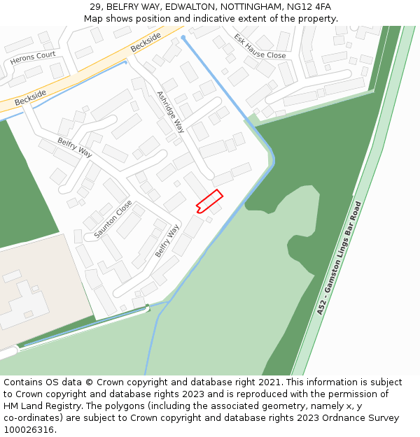 29, BELFRY WAY, EDWALTON, NOTTINGHAM, NG12 4FA: Location map and indicative extent of plot