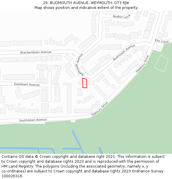 29, BUDMOUTH AVENUE, WEYMOUTH, DT3 6JW: Location map and indicative extent of plot