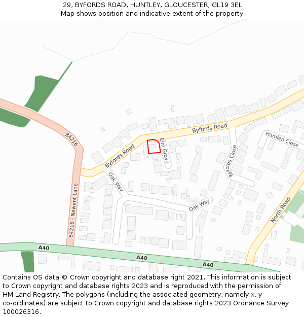 29, BYFORDS ROAD, HUNTLEY, GLOUCESTER, GL19 3EL: Location map and indicative extent of plot