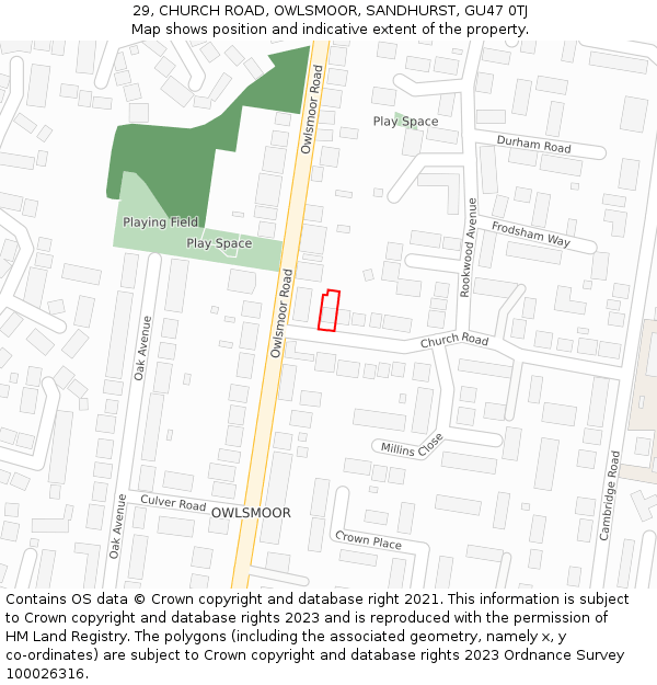 29, CHURCH ROAD, OWLSMOOR, SANDHURST, GU47 0TJ: Location map and indicative extent of plot