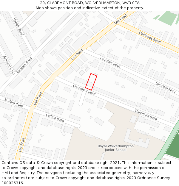 29, CLAREMONT ROAD, WOLVERHAMPTON, WV3 0EA: Location map and indicative extent of plot